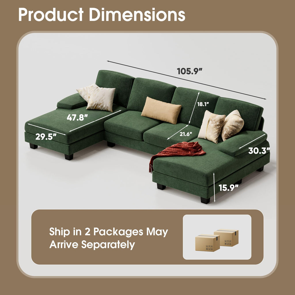 Furmax Sectional Couches for Living Room, U-Shaped Sofa Couch with Linen Fabric, 4 Seat Sofa Set with Double Chaise for Apartment (Fabric, Grey)
