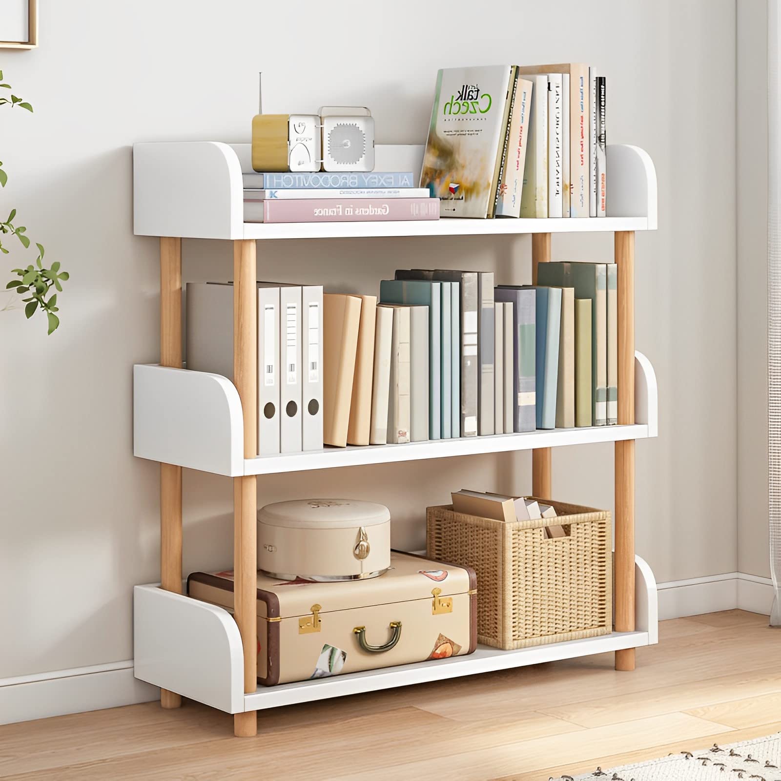 OSCHF 3-Tier Wooden Open Bookcase - Modern Display Bookshelf with Top Edge and Solid Wood Frame for Home and Office, Storage Cabinet, Oak