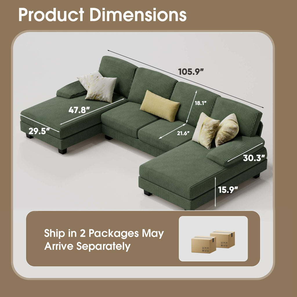 Furmax Sectional Couches for Living Room, U-Shaped Sofa Couch with Linen Fabric, 4 Seat Sofa Set with Double Chaise for Apartment (Fabric, Grey)