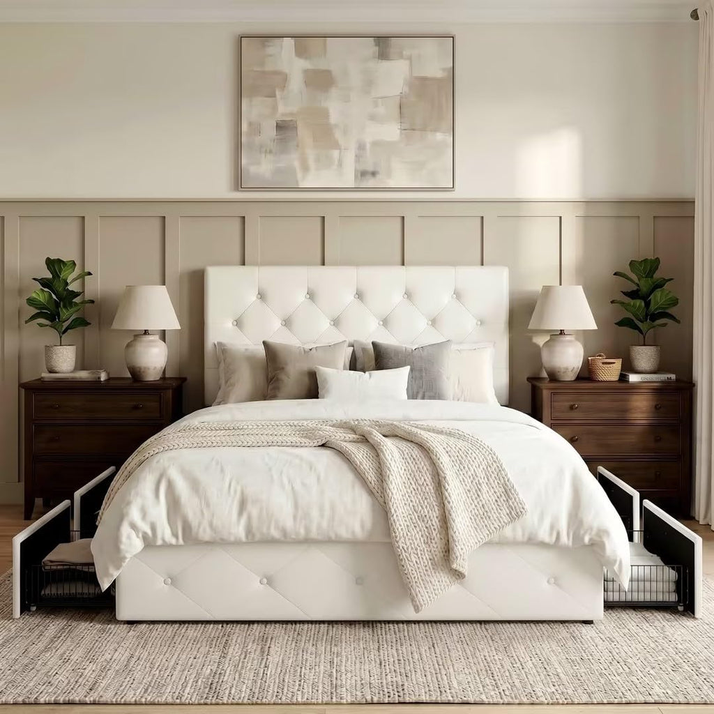 Allewie Upholstered Queen Size Platform Bed Frame with 4 Storage Drawers and Headboard, Square Stitched Button Tufted, Mattress Foundation with Wooden Slats Support, No Box Spring Needed, Light Grey