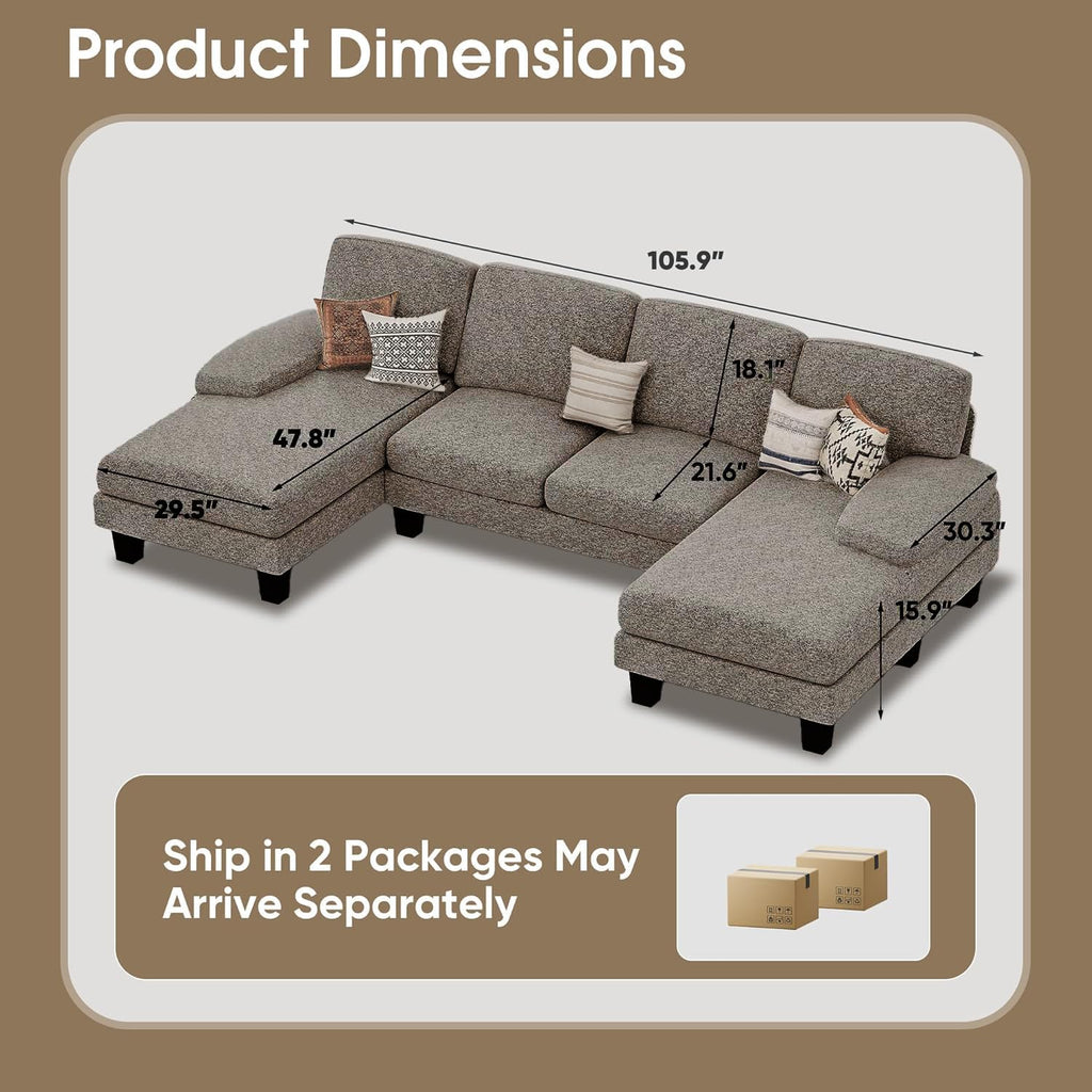 Furmax Sectional Couches for Living Room, U-Shaped Sofa Couch with Linen Fabric, 4 Seat Sofa Set with Double Chaise for Apartment (Fabric, Grey)