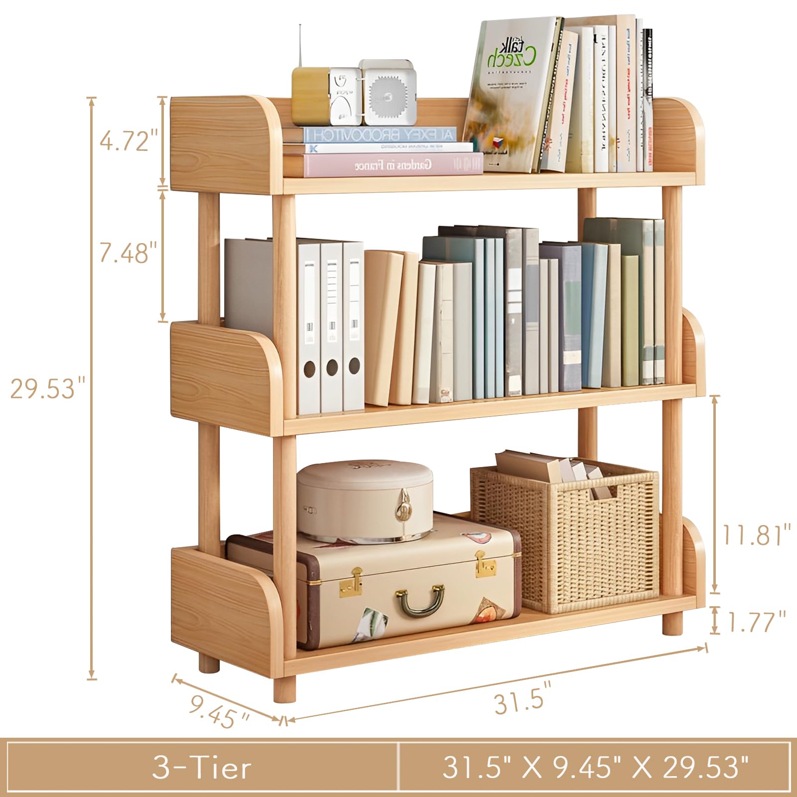 OSCHF 3-Tier Wooden Open Bookcase - Modern Display Bookshelf with Top Edge and Solid Wood Frame for Home and Office, Storage Cabinet, Oak