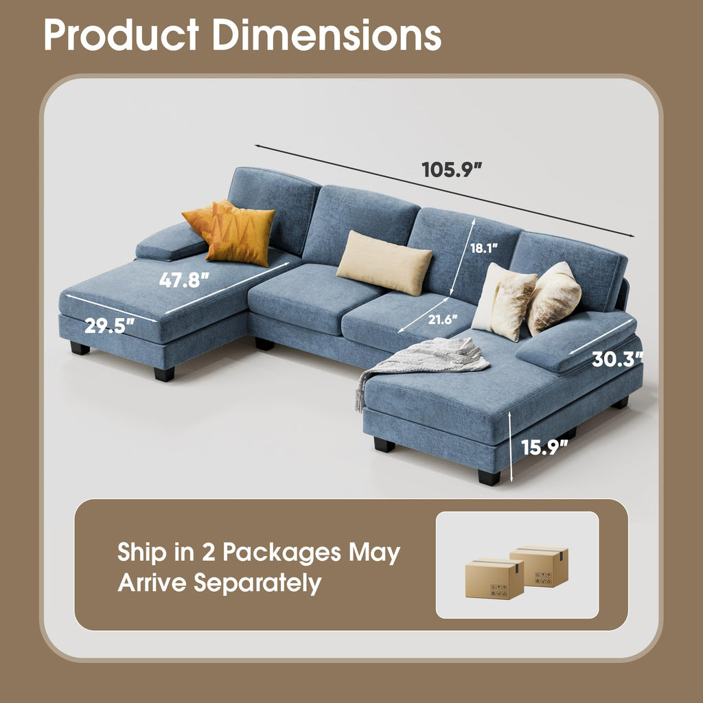 Furmax Sectional Couches for Living Room, U-Shaped Sofa Couch with Linen Fabric, 4 Seat Sofa Set with Double Chaise for Apartment (Fabric, Grey)