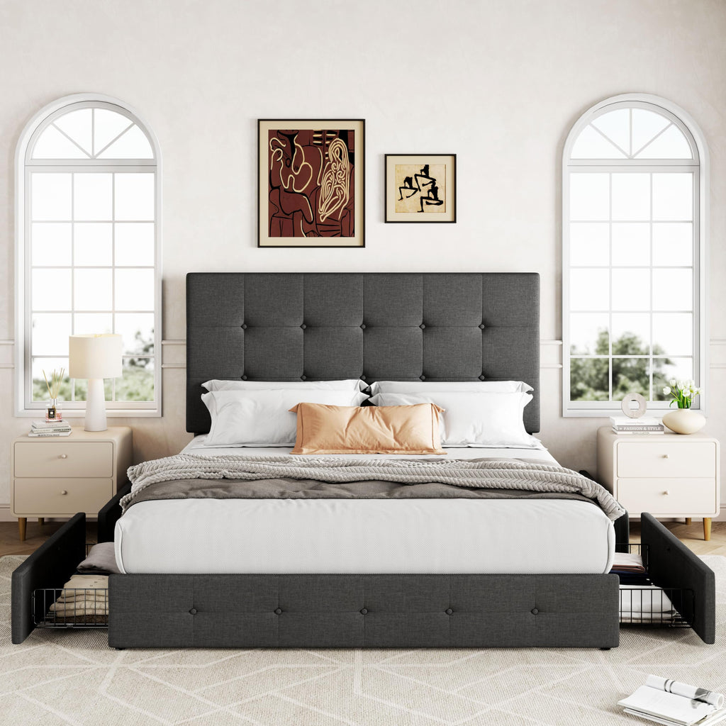 Allewie Upholstered Queen Size Platform Bed Frame with 4 Storage Drawers and Headboard, Square Stitched Button Tufted, Mattress Foundation with Wooden Slats Support, No Box Spring Needed, Light Grey