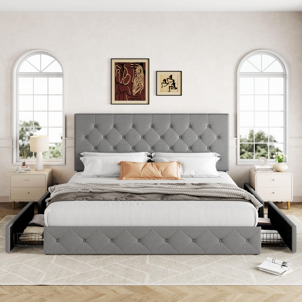 Allewie Upholstered Queen Size Platform Bed Frame with 4 Storage Drawers and Headboard, Square Stitched Button Tufted, Mattress Foundation with Wooden Slats Support, No Box Spring Needed, Light Grey