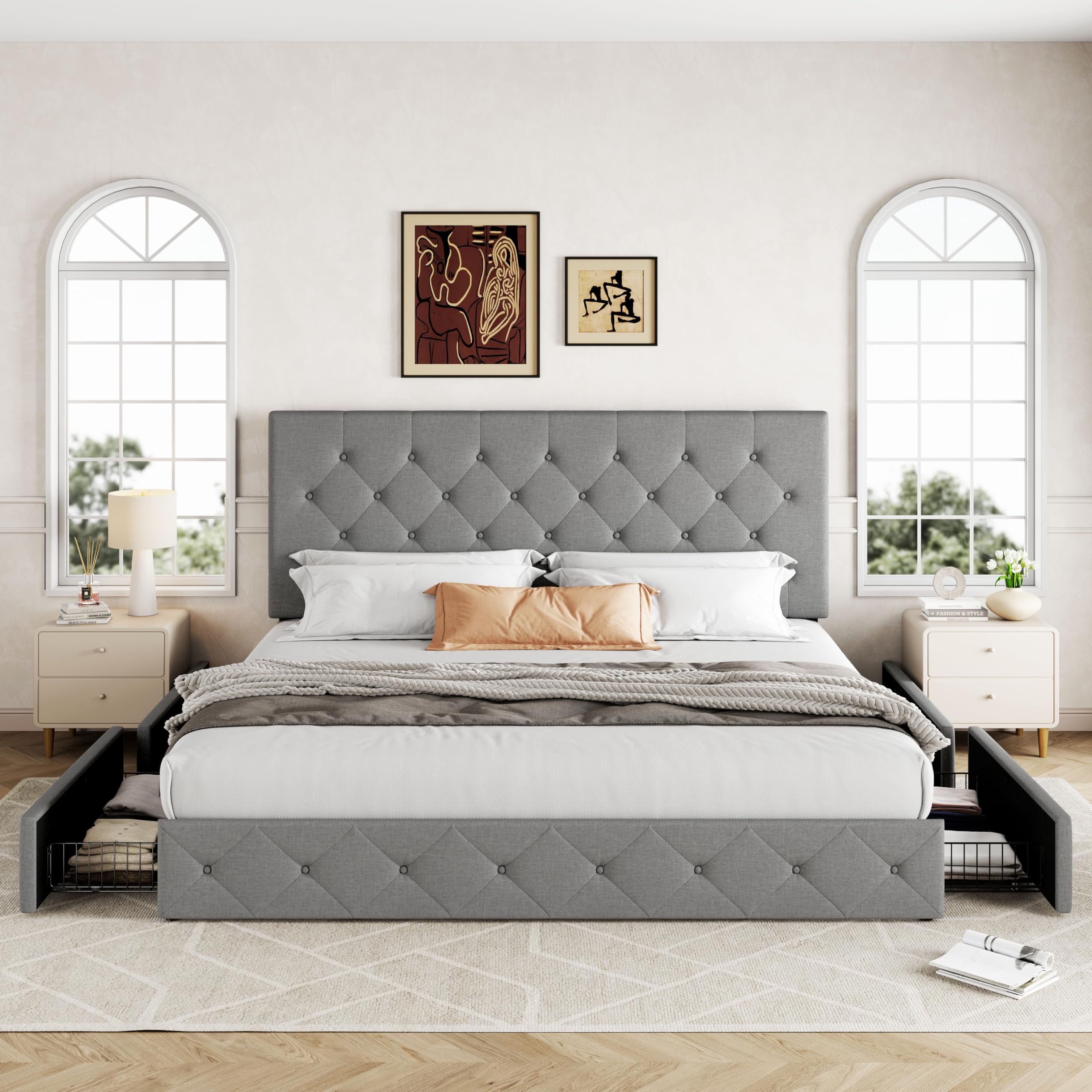 Allewie Upholstered Queen Size Platform Bed Frame with 4 Storage Drawers and Headboard, Square Stitched Button Tufted, Mattress Foundation with Wooden Slats Support, No Box Spring Needed, Light Grey