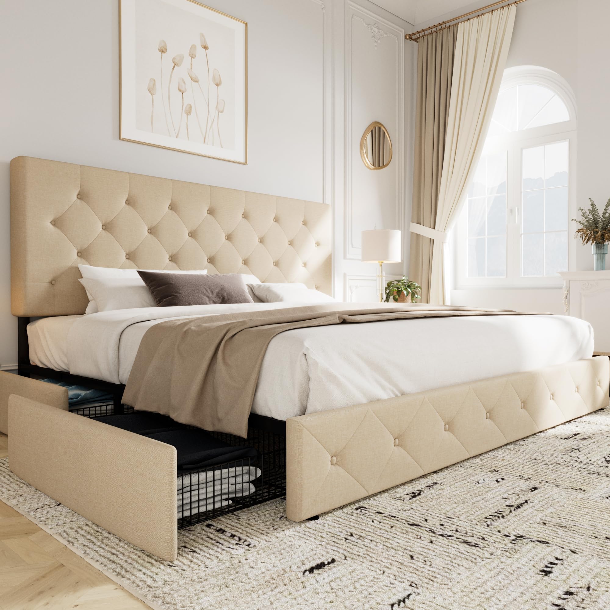 Allewie Upholstered Queen Size Platform Bed Frame with 4 Storage Drawers and Headboard, Square Stitched Button Tufted, Mattress Foundation with Wooden Slats Support, No Box Spring Needed, Light Grey