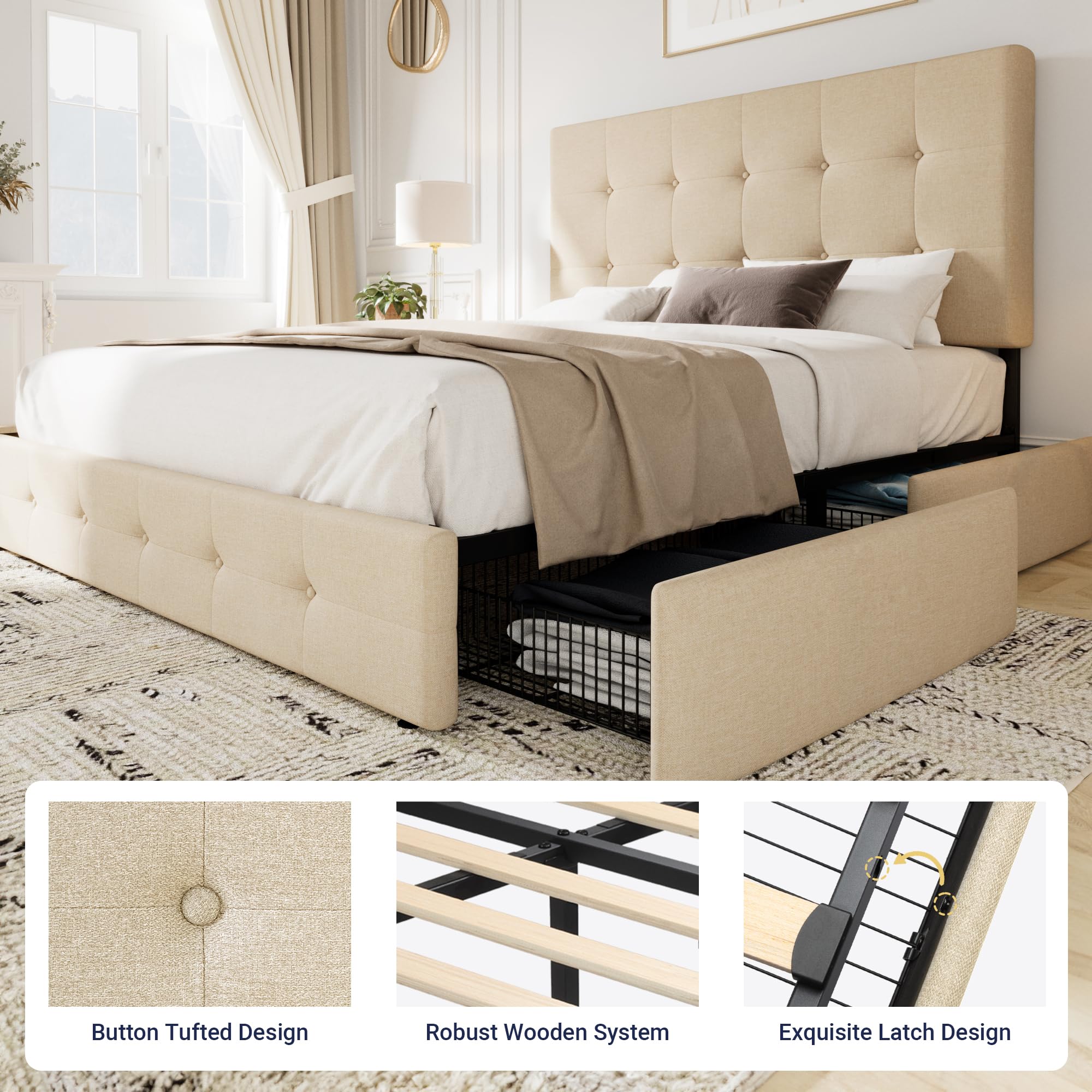 Allewie Upholstered Queen Size Platform Bed Frame with 4 Storage Drawers and Headboard, Square Stitched Button Tufted, Mattress Foundation with Wooden Slats Support, No Box Spring Needed, Light Grey