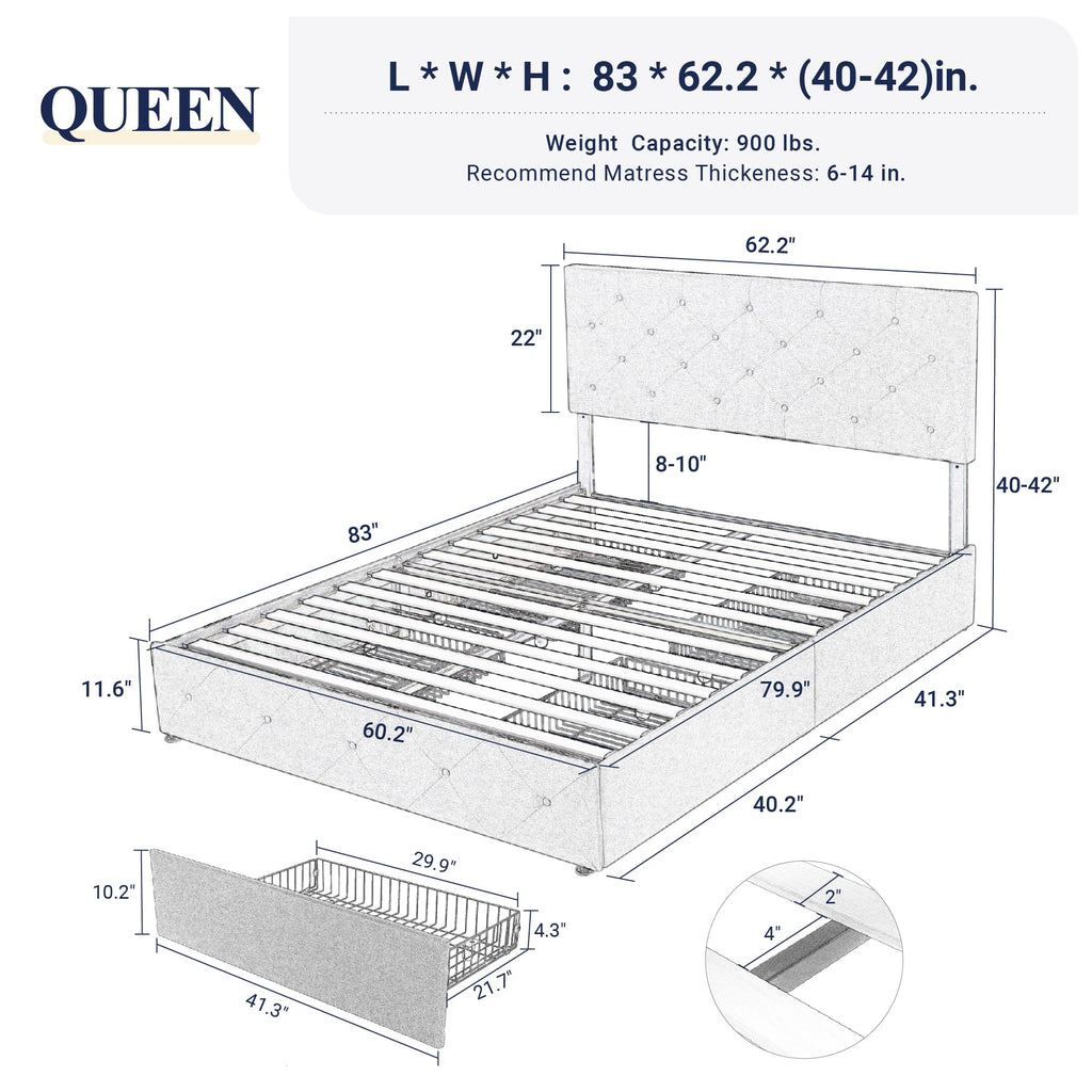 Allewie Upholstered Queen Size Platform Bed Frame with 4 Storage Drawers and Headboard, Square Stitched Button Tufted, Mattress Foundation with Wooden Slats Support, No Box Spring Needed, Light Grey