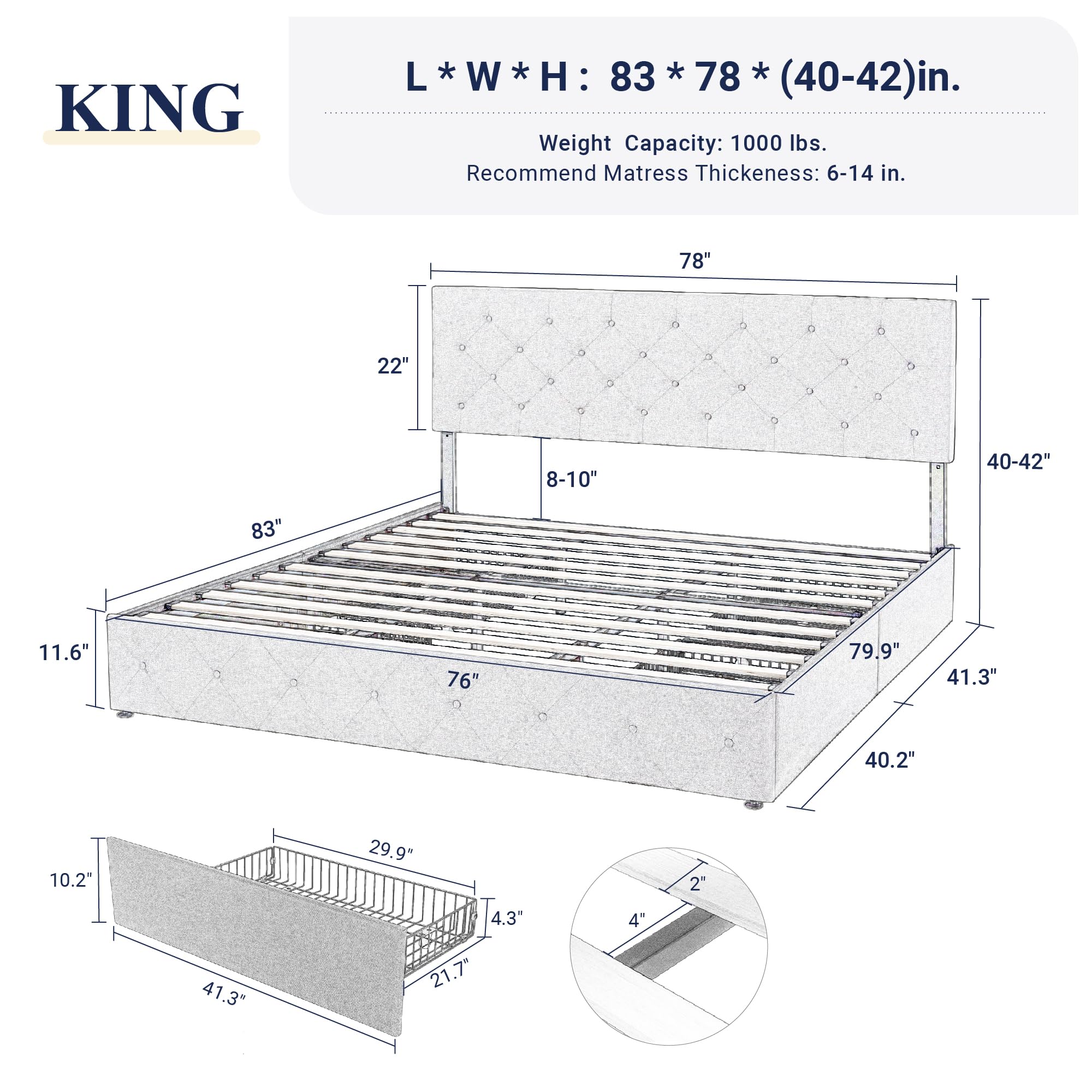 Allewie Upholstered Queen Size Platform Bed Frame with 4 Storage Drawers and Headboard, Square Stitched Button Tufted, Mattress Foundation with Wooden Slats Support, No Box Spring Needed, Light Grey