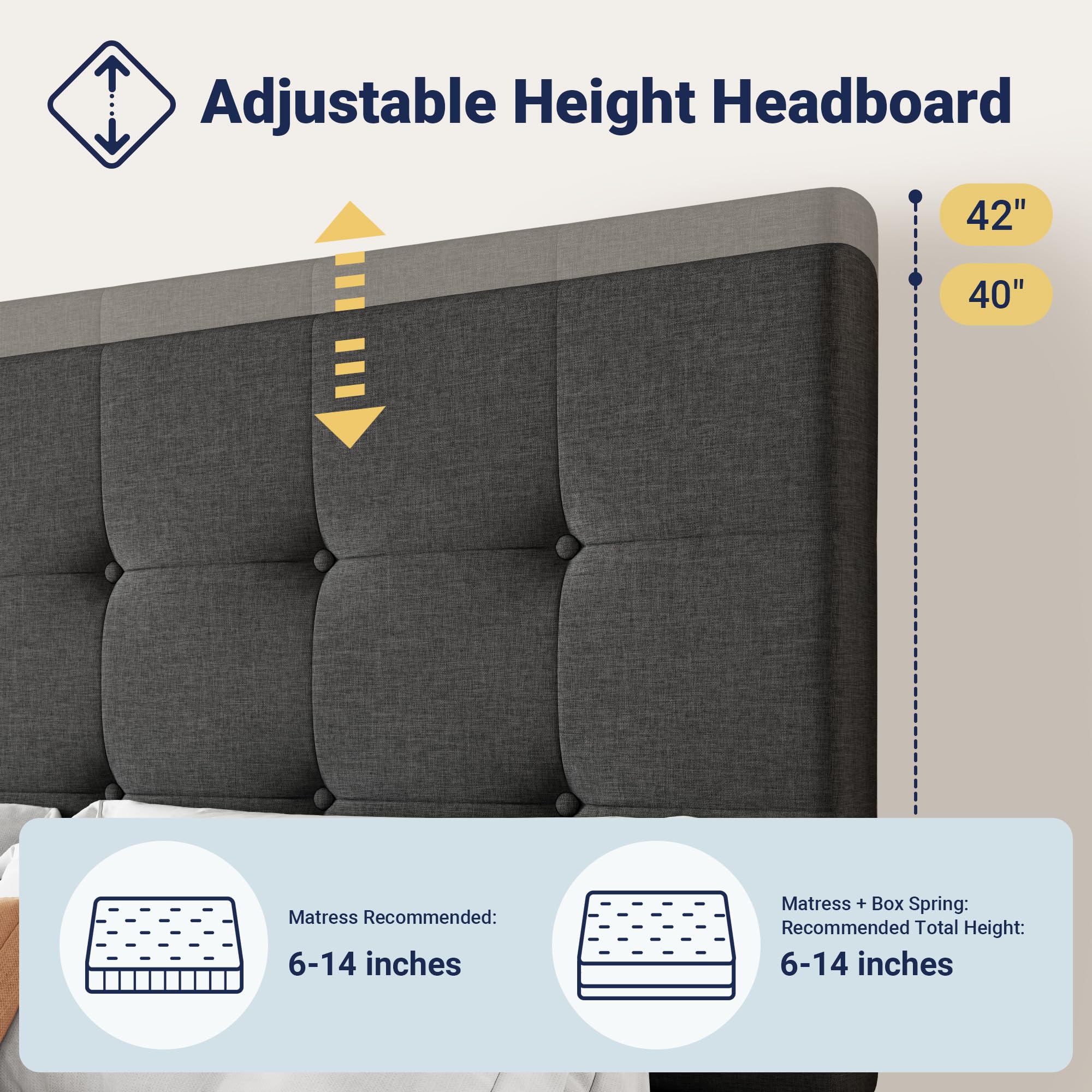 Allewie Upholstered Queen Size Platform Bed Frame with 4 Storage Drawers and Headboard, Square Stitched Button Tufted, Mattress Foundation with Wooden Slats Support, No Box Spring Needed, Light Grey