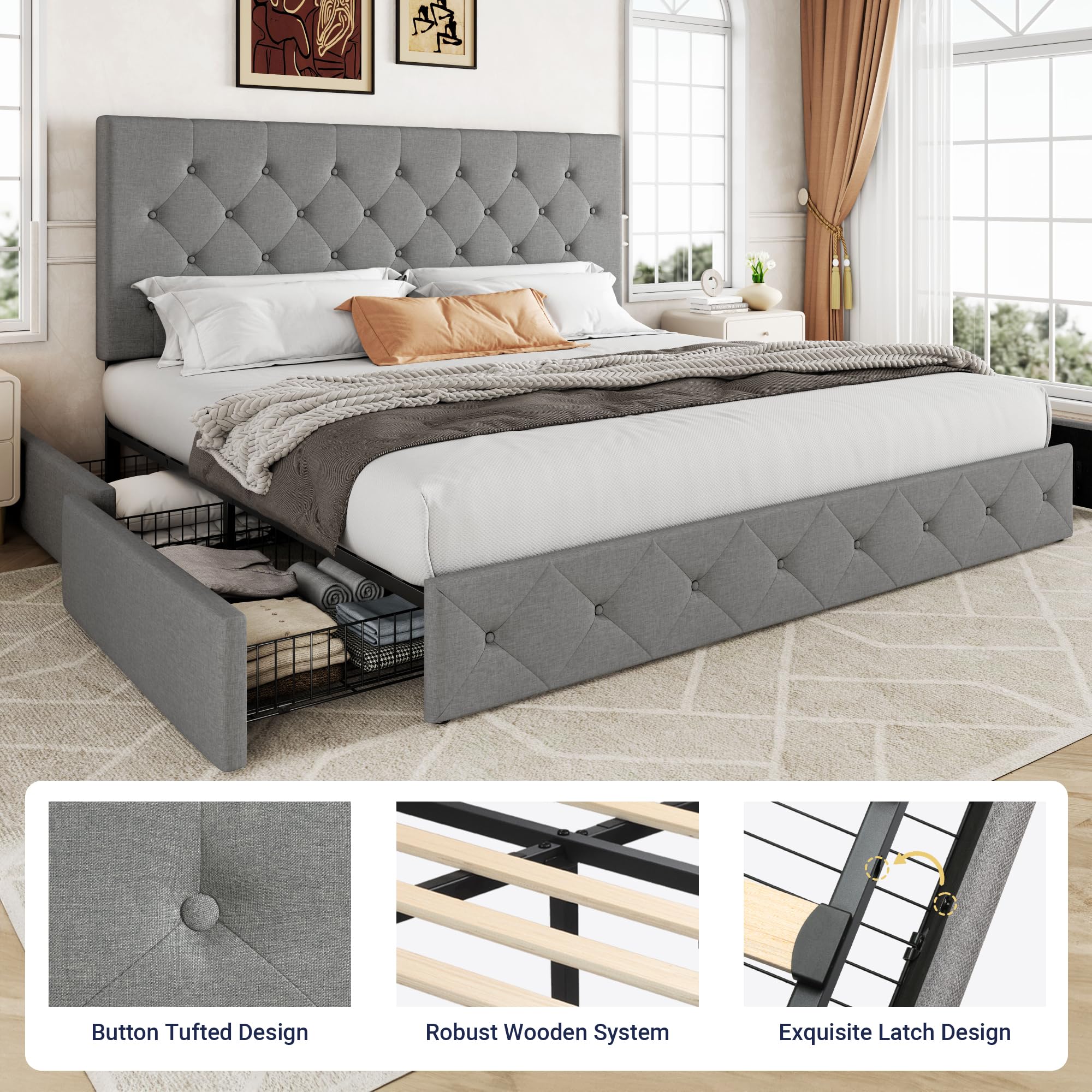 Allewie Upholstered Queen Size Platform Bed Frame with 4 Storage Drawers and Headboard, Square Stitched Button Tufted, Mattress Foundation with Wooden Slats Support, No Box Spring Needed, Light Grey