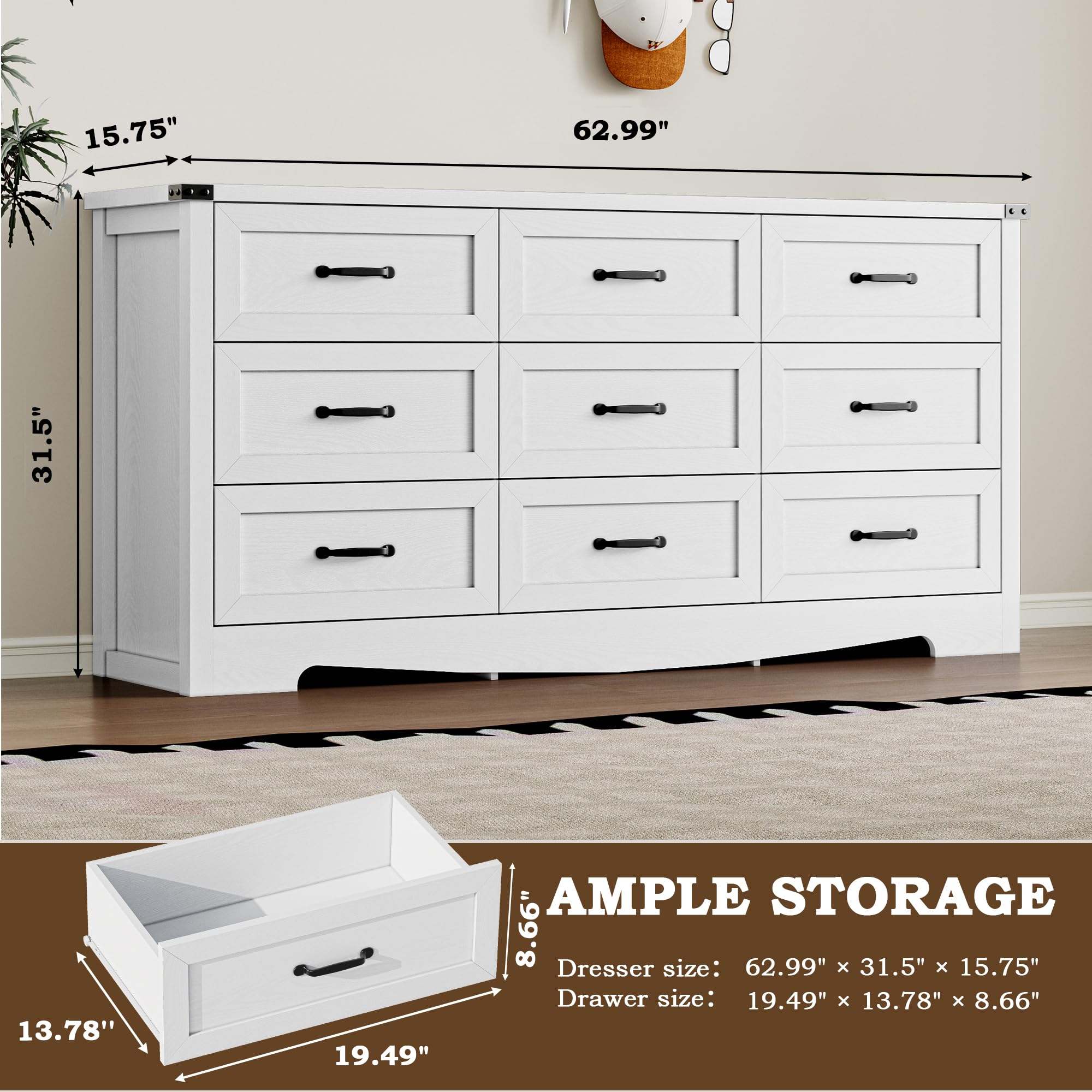 BORNOON 9-Drawer Dresser for Bedroom, Modern Wooden Chest of Drawers with Metal Handles, Anti-Tipping Design, Sturdy and Stable Storage Organizer for Living Room, Entryway, Home Office