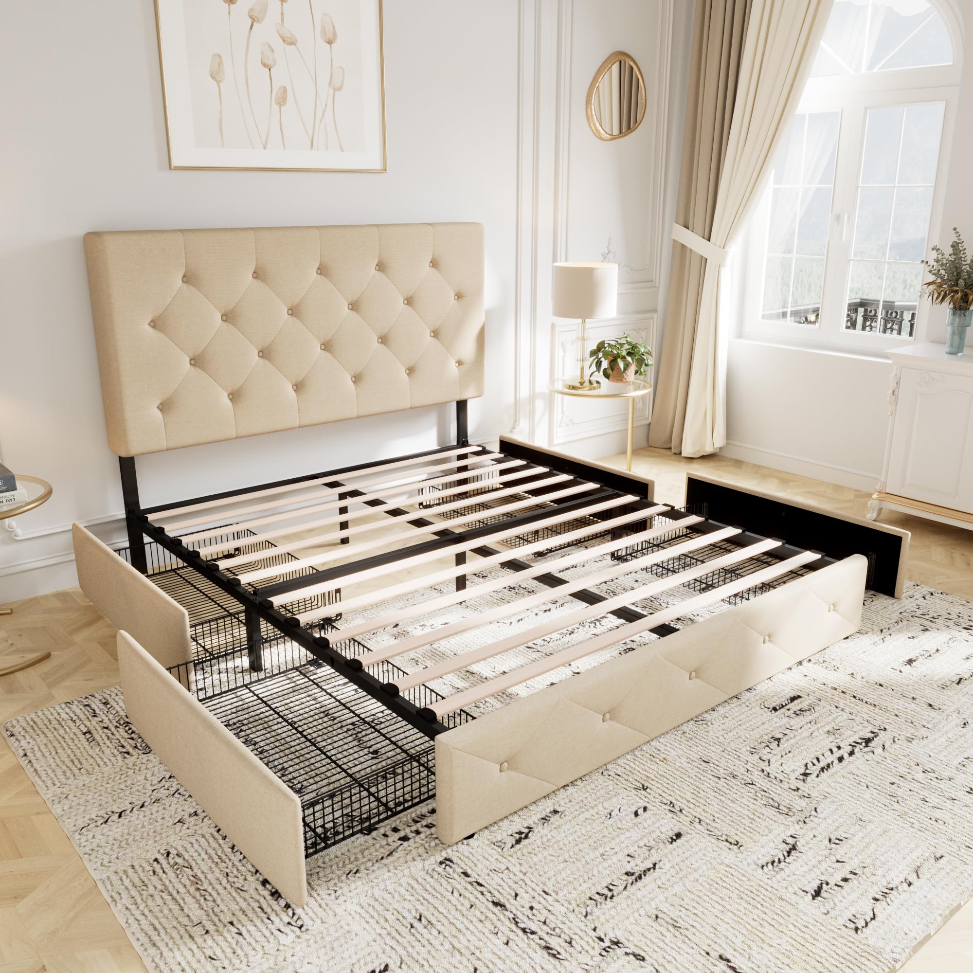 Allewie Upholstered Queen Size Platform Bed Frame with 4 Storage Drawers and Headboard, Square Stitched Button Tufted, Mattress Foundation with Wooden Slats Support, No Box Spring Needed, Light Grey