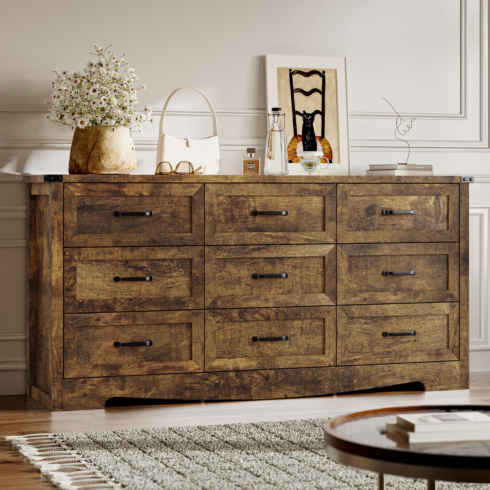 BORNOON 9-Drawer Dresser for Bedroom, Modern Wooden Chest of Drawers with Metal Handles, Anti-Tipping Design, Sturdy and Stable Storage Organizer for Living Room, Entryway, Home Office