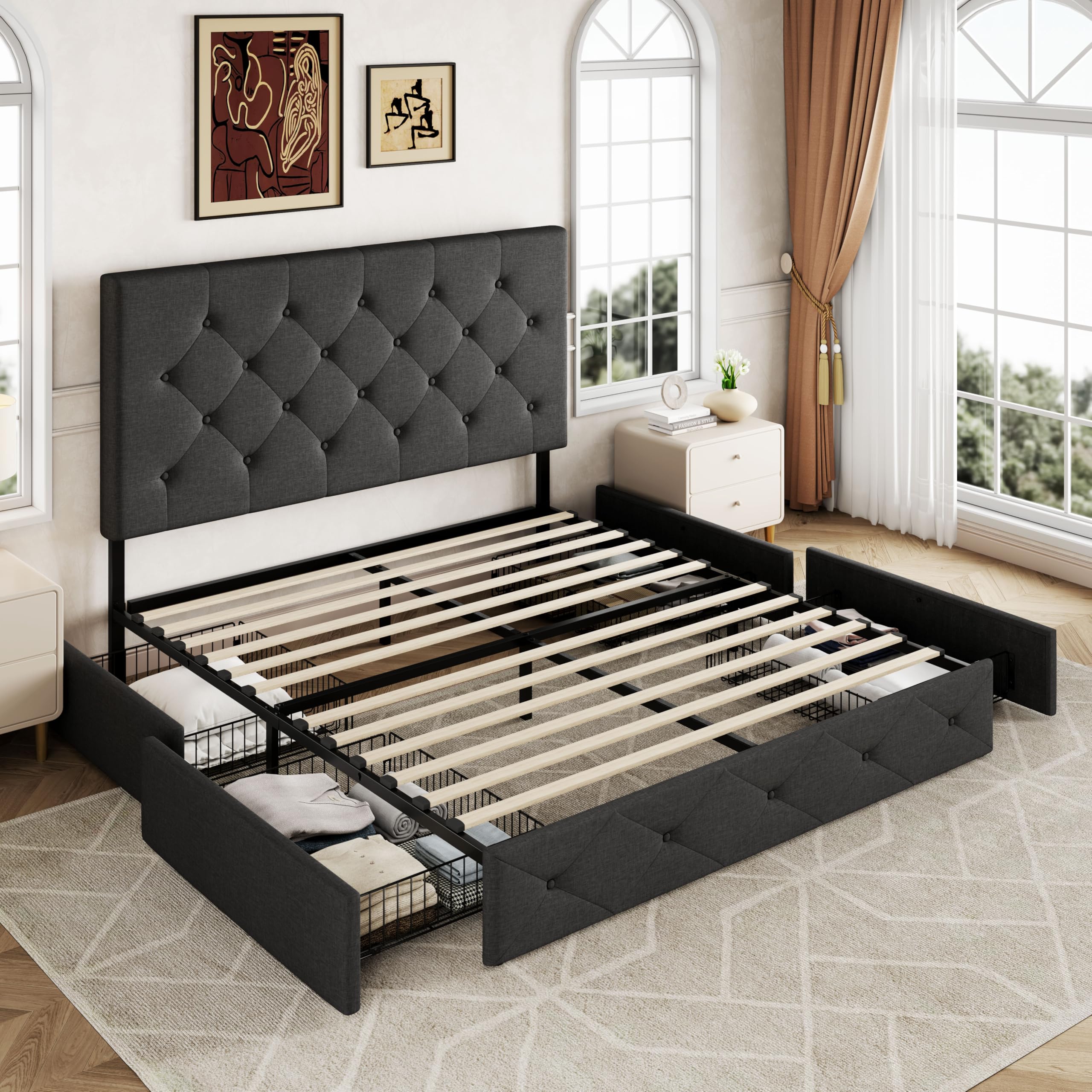 Allewie Upholstered Queen Size Platform Bed Frame with 4 Storage Drawers and Headboard, Square Stitched Button Tufted, Mattress Foundation with Wooden Slats Support, No Box Spring Needed, Light Grey
