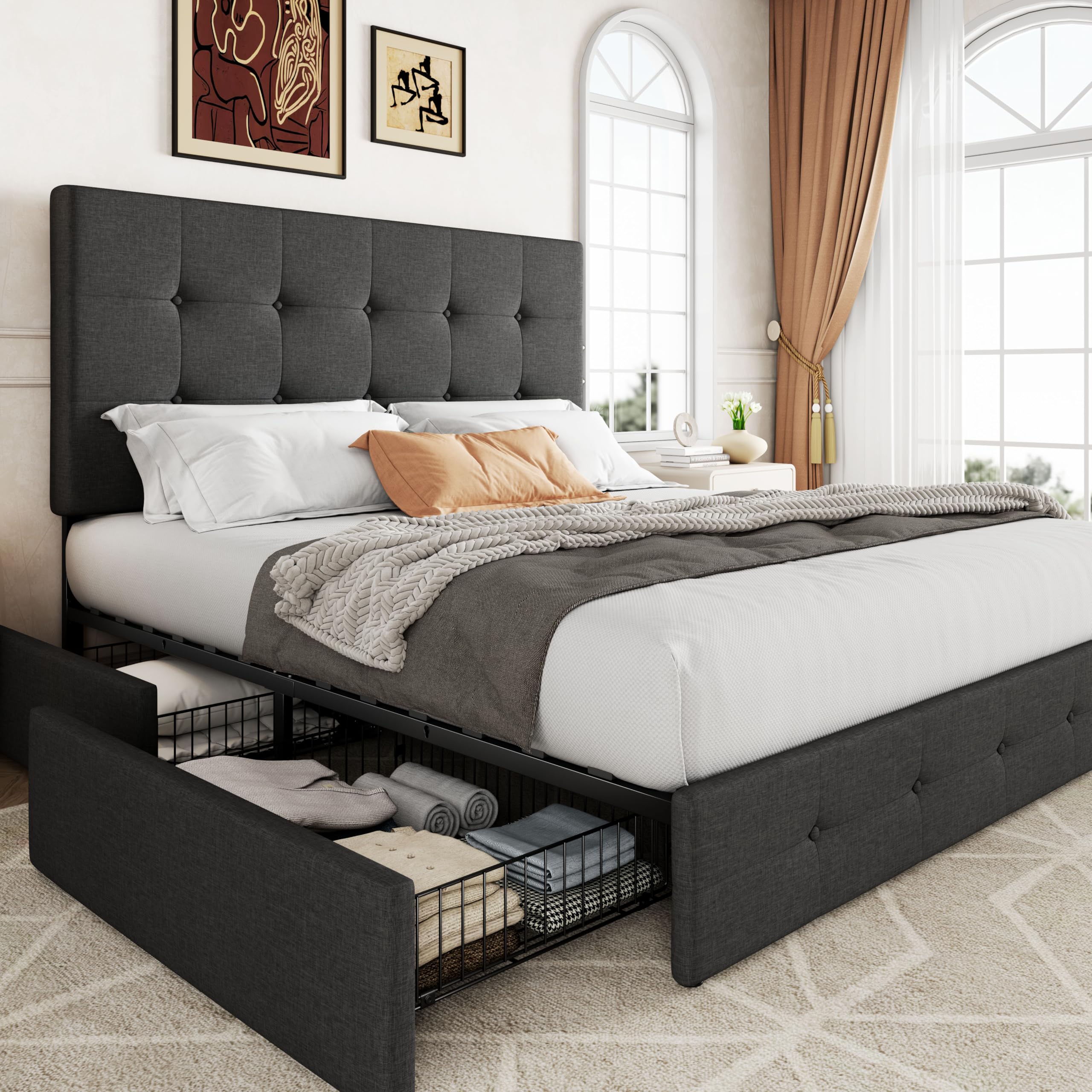 Allewie Upholstered Queen Size Platform Bed Frame with 4 Storage Drawers and Headboard, Square Stitched Button Tufted, Mattress Foundation with Wooden Slats Support, No Box Spring Needed, Light Grey