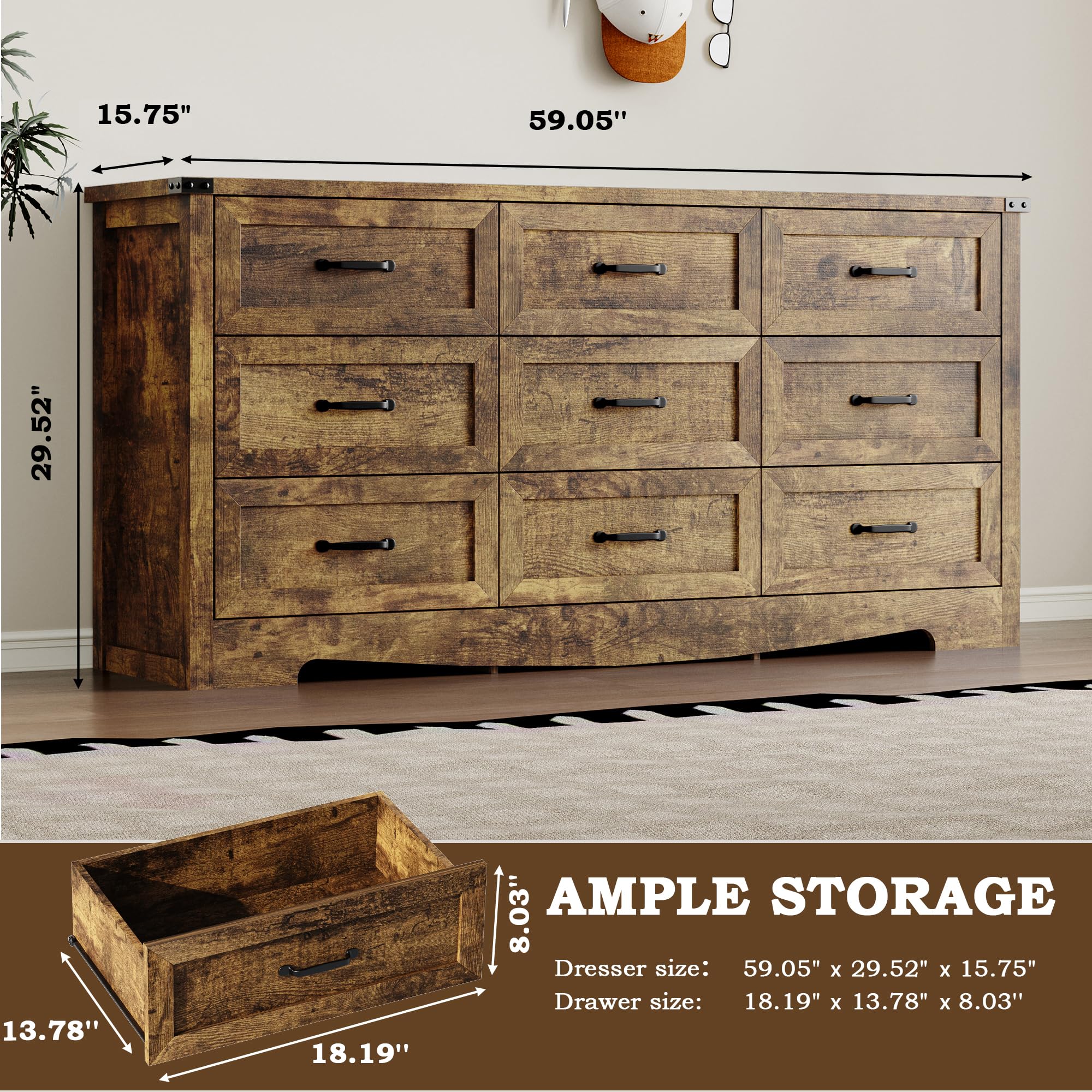 BORNOON 9-Drawer Dresser for Bedroom, Modern Wooden Chest of Drawers with Metal Handles, Anti-Tipping Design, Sturdy and Stable Storage Organizer for Living Room, Entryway, Home Office