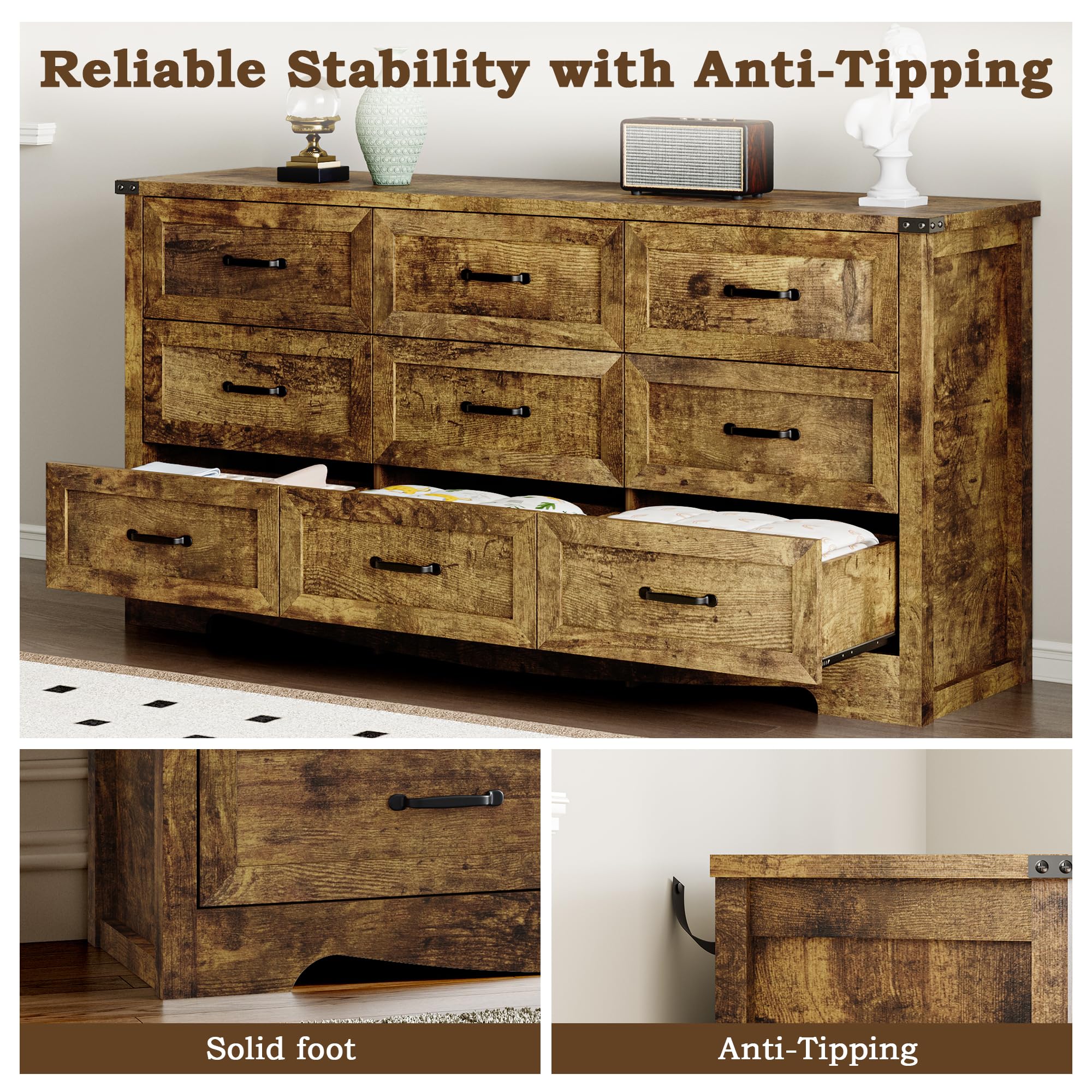 BORNOON 9-Drawer Dresser for Bedroom, Modern Wooden Chest of Drawers with Metal Handles, Anti-Tipping Design, Sturdy and Stable Storage Organizer for Living Room, Entryway, Home Office