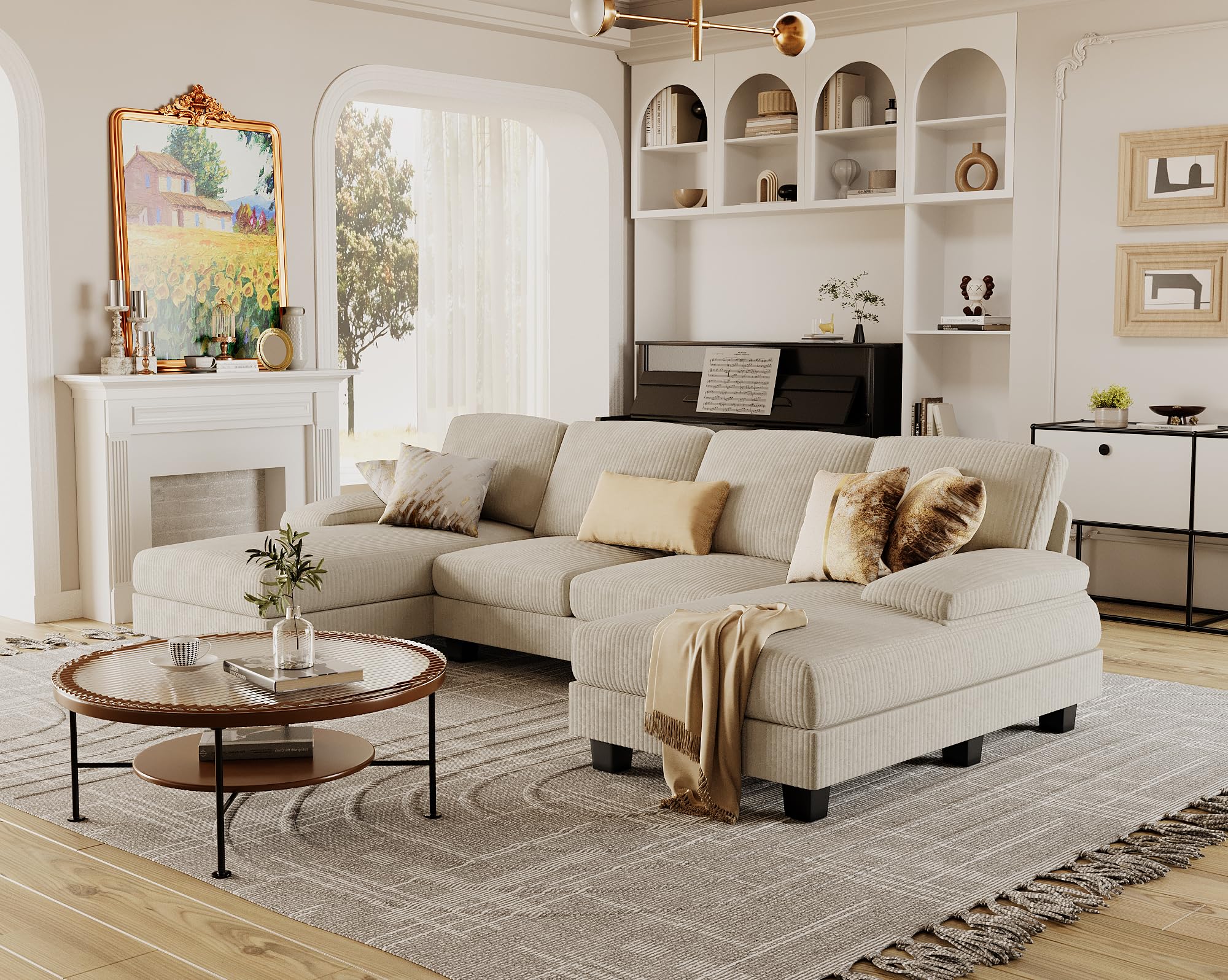 Furmax Sectional Couches for Living Room, U-Shaped Sofa Couch with Linen Fabric, 4 Seat Sofa Set with Double Chaise for Apartment (Fabric, Grey)