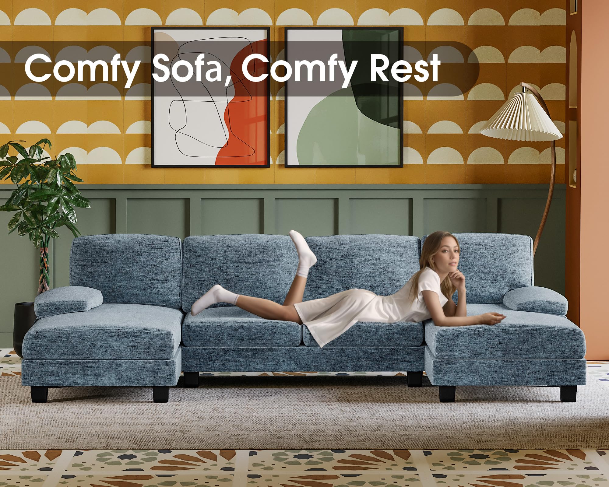 Furmax Sectional Couches for Living Room, U-Shaped Sofa Couch with Linen Fabric, 4 Seat Sofa Set with Double Chaise for Apartment (Fabric, Grey)
