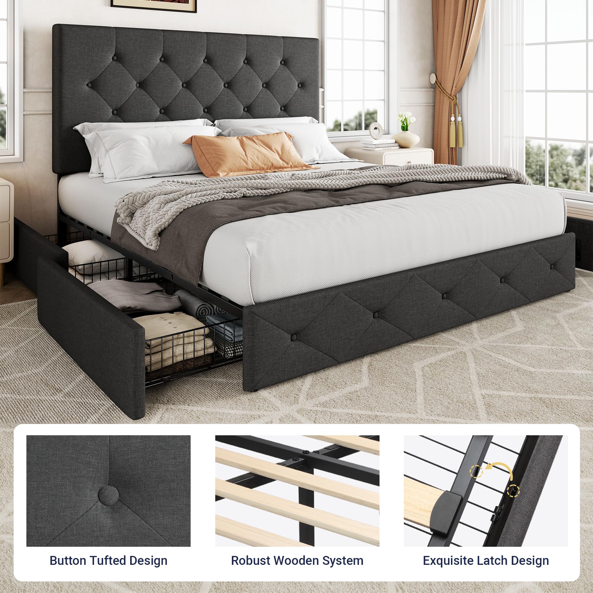 Allewie Upholstered Queen Size Platform Bed Frame with 4 Storage Drawers and Headboard, Square Stitched Button Tufted, Mattress Foundation with Wooden Slats Support, No Box Spring Needed, Light Grey