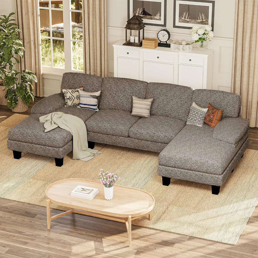 Furmax Sectional Couches for Living Room, U-Shaped Sofa Couch with Linen Fabric, 4 Seat Sofa Set with Double Chaise for Apartment (Fabric, Grey)